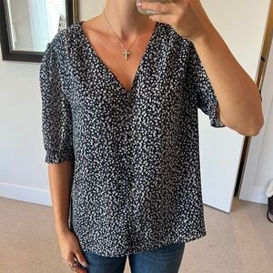 J Crew Factory V-Neck Puff Sleeve Blouse in Antique Navy